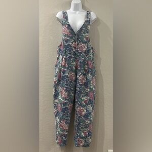 VTG 1980's Floral Print Overalls Jumpsuit Open Front Pleated Waist Buttons 13